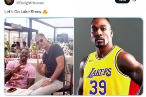 自荐？霍华德晒自己与佩林卡合照和39号球衣照：湖人加油！